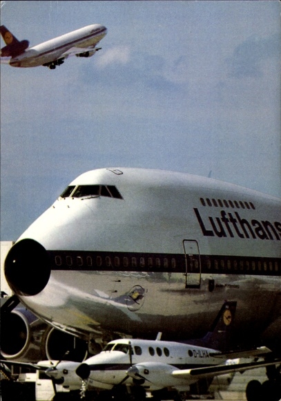 Postcard Lufthansa passenger plane at an airport