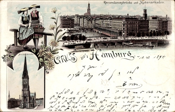 Chromo-Litho Hamburg, Reesendamm Bridge, Alsterarkaden, Vierländerin, Nicolaikirche