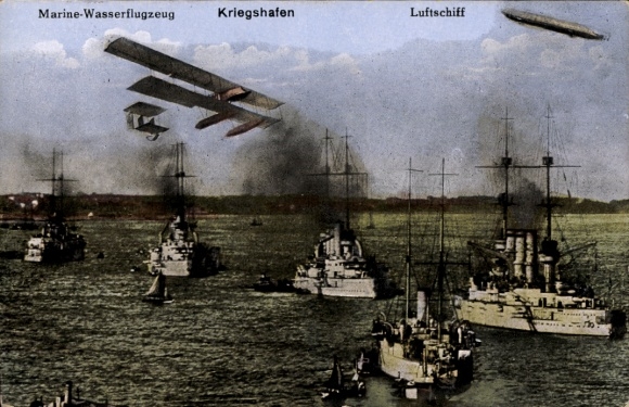 Postcard naval port, German warships, naval seaplane, airship
