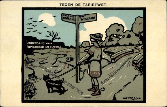 Artist Postcard Jordaan, Against the Tariff Act, Prosperity, To the Abyss, Carikatur