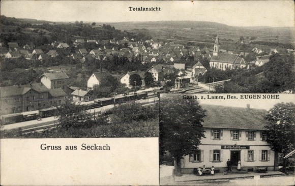 Ak Seckach in Baden, Gesamtansicht mit Bahnhof, Gasthaus zum Lamm, Inh. Eugen Nohe