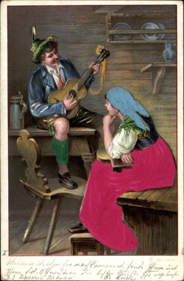 Embossed fabric Chromo-Litho Couple in the kitchen, man playing guitar, zither, Bavarian costumes