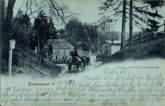Ansichtkaart Friedrichsruh Aumühle in het hertogdom Lauenburg, landschap van het Zwarte Woud, paard en wagen, gebouwen...