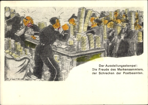 Postwaardestukkunstenaar Ak Peters, P., Düsseldorf am Rhein, postzegeltentoonstelling juni 1936, postbode