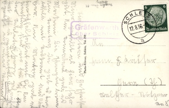 Country postmark Gräfenwarth via Schleiz, PC Bleilochsperre, August 12, 1936