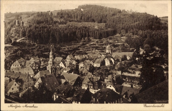 Ak Monschau Montjoie in der Eifel, Landschaftsansicht, Historische Gebäude, Gärten, Kirche