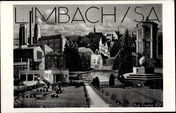 Postcard Limbach Oberfrohna in Saxony, fountain, tower, Müller Franke AG