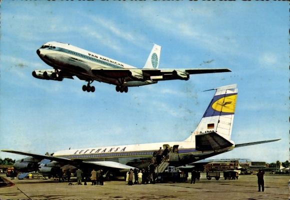 Postcard Rhein Main Airport, passenger aircraft Lufthansa, Pan American