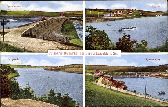 Postcard Malter Dippoldiswalde, Malter dam, lake area, dam, place, wall height 34.5m, 193m long