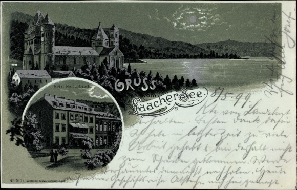 Mondschein Litho Glees Eifel, Laacher See, Hotel Maria Laach, Abtei
