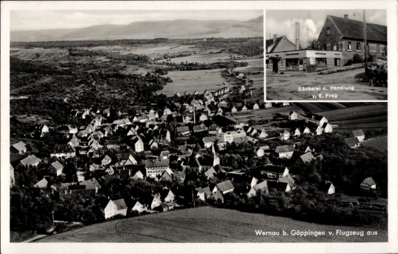 Postcard Wernau am Neckar, aerial view of Wernau, bakery E. Frey, rural surroundings