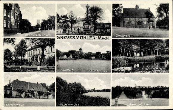 Postcard Grevesmühlen in Mecklenburg, Schützenhaus, Wismarsche Straße, Hospital, Sedan Platz