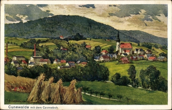 Artist Postcard Cuttingbach, C., Cunewalde in the Lausitz, Panorama, Czorneboh