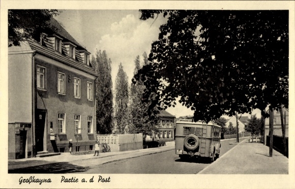 Ak Großkayna Braunsbedra Saksen-Anhalt, bij het postkantoor, bus