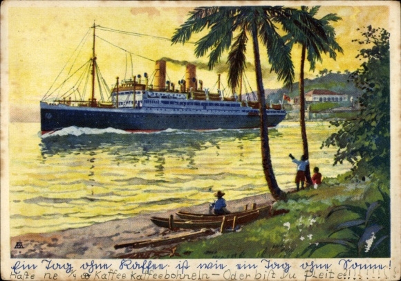 Postcard Bremer Kaffee steamer leaves South American port, Eduscho coffee, advertising