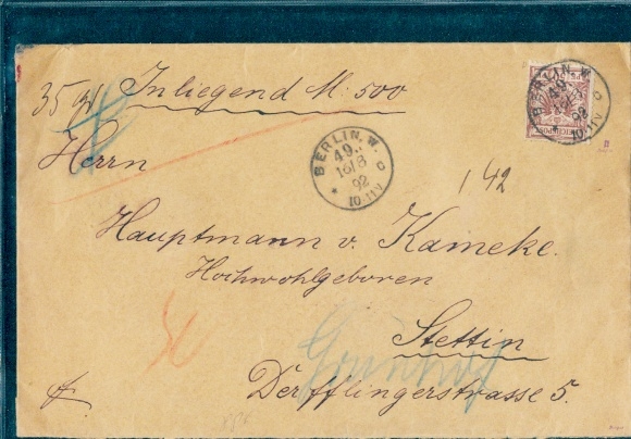 Michel No. 50 on value letter Berlin to Stettin August 16, 1892, checked Zenke BPP, seal