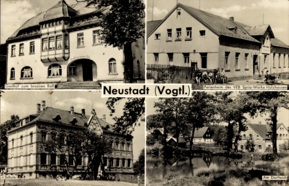 Postcard Neustadt Vogtland, Gasthof zum braunen Roß, holiday home, school, village pond