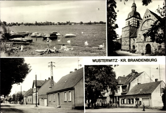 Ak Wusterwitz, Kirche, Badestelle am Gr. Wusterwitzer See, Warschauer Straße, Hauptstraße