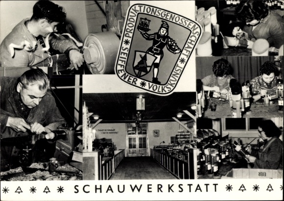 Postcard Seiffen in the Ore Mountains, production cooperative PGH Seiffen folk art, demonstration workshop
