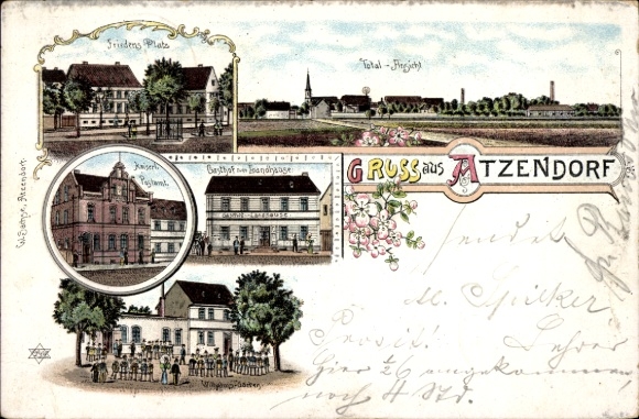Chromo-Litho Atzendorf Staßfurt Anhalt, inn, Friedensplatz, Imperial Post Office, Wilhelms Garden