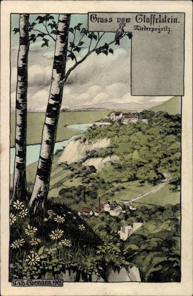 Artist PC Spemann, Wilh., Dresden Northeast Niederpoyritz, view from Staffelstein, birches
