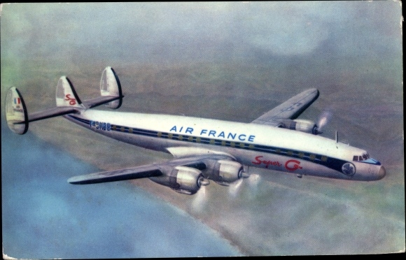 Postcard French passenger plane, Lockheed Super G Constellation, Air France