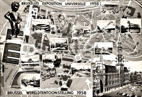 Postcard Bruxelles Brussels, World Exhibition 1958, Grounds, Manneken Pis, Town Hall