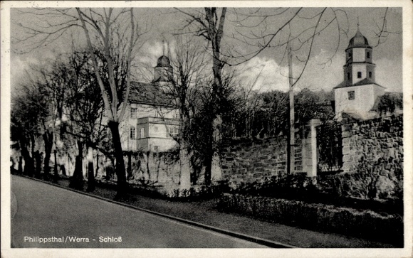 Postcard Philippsthal an der Werra, castle trees, street, black and white photo