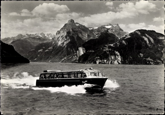 Postcard Vierwaldstättersee, express traffic boat Libelle, Urirotstock