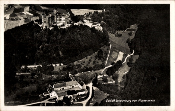 Postcard Balduinstein an der Lahn, Schaumburg Castle, aerial photograph