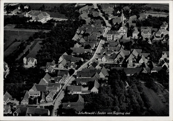 Postcard Schutterwald in Baden Württemberg, aerial photograph, houses, streets, church, landscape