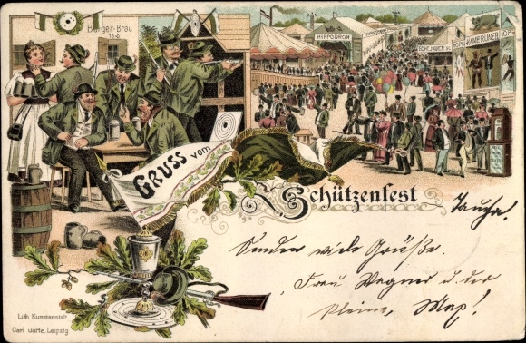 Chromo-Litho greeting from the Schützenfest, fairground, Schützen