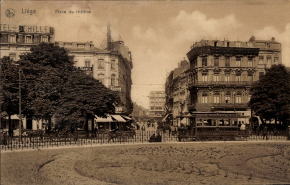 Postcard Liège Liège Wallonia, Place du théâtre, street view, café terraces, tram