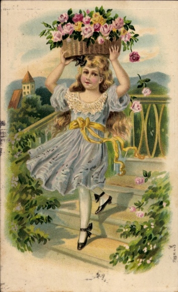 Postcard Girl with roses in a basket