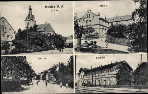 Ak Rositz Thüringen, school, kerk, straat, treinstation