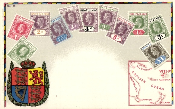 Stamps Coat of Arms Chromo-Litho Fiji, Map, Postage Revenue