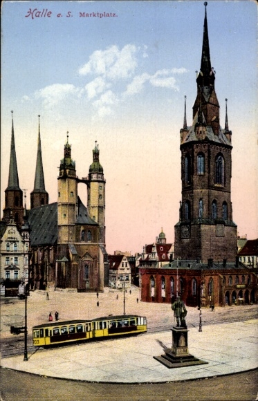Ak Halle an der Saale, Marktplatz,  Gebäude, Kirchensch towers, Straßenbahn