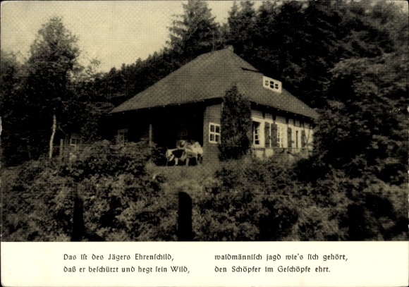 Postcard Liesen Hallenberg Sauerland, Jagdhaus Schmolz, Spruch