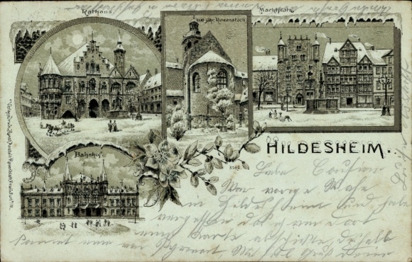 Moonlight Winter Chromo-Litho Hildesheim, town hall, train station, market square, 1000-year-old rose bush