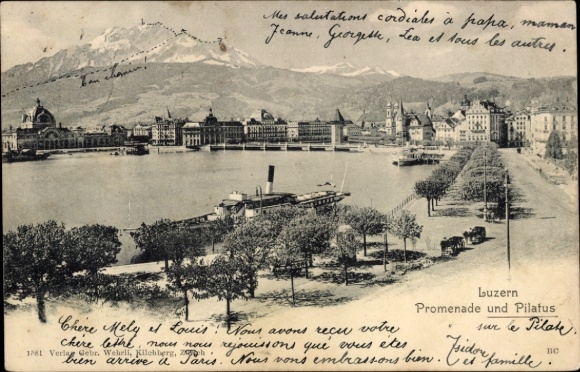 Ak Lucerne Luzern Stadt Schweiz,  Promenade und Pilatus, Dampfschiff auf dem Wasser, Berge im Hin