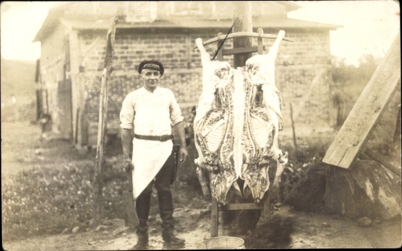 Photo Postcard Fleischer, butcher