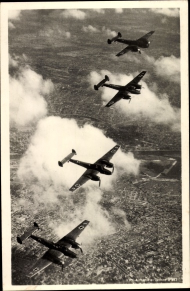 Postcard swarm destroyer Me 110 on the patrol flight, Messerschmidt, German Wehrmacht, Luftwaffe