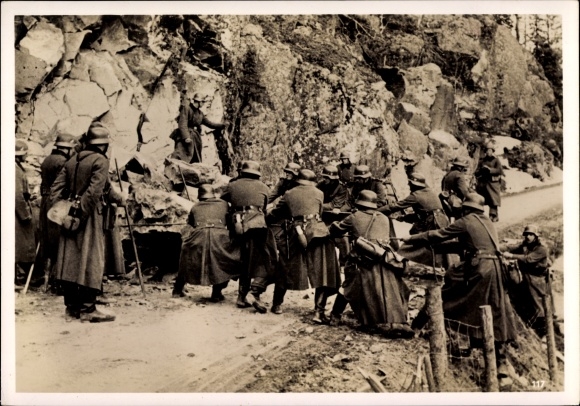 Photo War in Norway, Wehrmacht infantry clears blown road, May 1940
