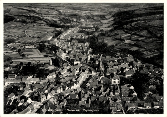 Postcard Weingarten in Baden, aerial view of Weingarten, landscape in the background, city view, Fl