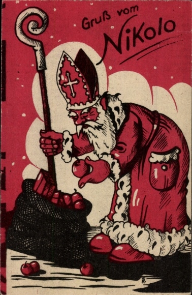 Ansichtkaart Vrolijk Kerstfeest, Groeten van Nikolo, Kerstman met cadeauzakje
