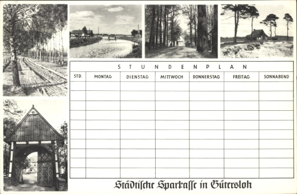 Dienstregeling Gemeentelijke Sparkasse Gütersloh, wandelpaden in en rond Gütersloh rond 1960