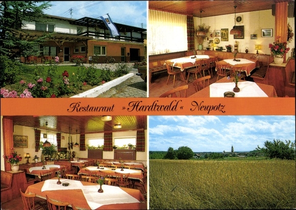 Postcard Neupotz in der Pfalz, Restaurant Hardtwald, guest rooms, fields with church