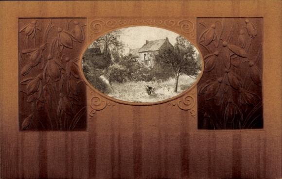 Embossed Postcard Kitsch, residential building, meadow, snowdrops