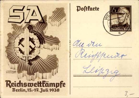Postal stationery artist Postcard Axster Heudtlaß, SA Reichswettbewerbe Berlin 1938