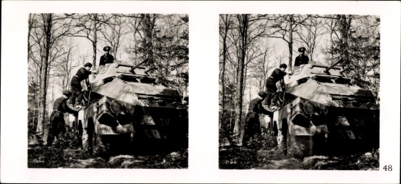 Stereo spatial image photo "The Battle in the West", No. 48, armored reconnaissance vehicle preparing for enemy mission